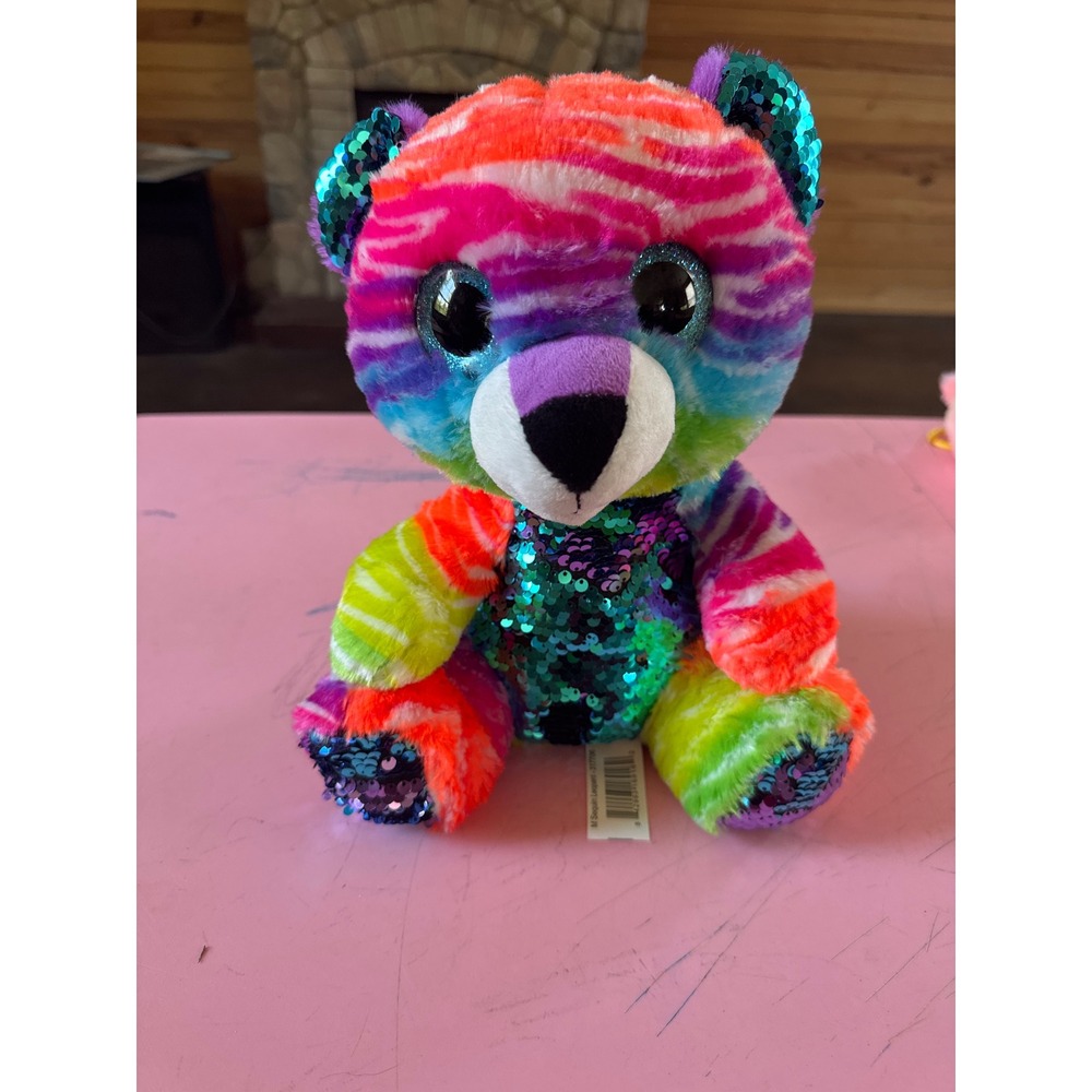 Walmart Rainbow Sequin Leopard Plush Neon Striped Stuffed Animal Multicolor M